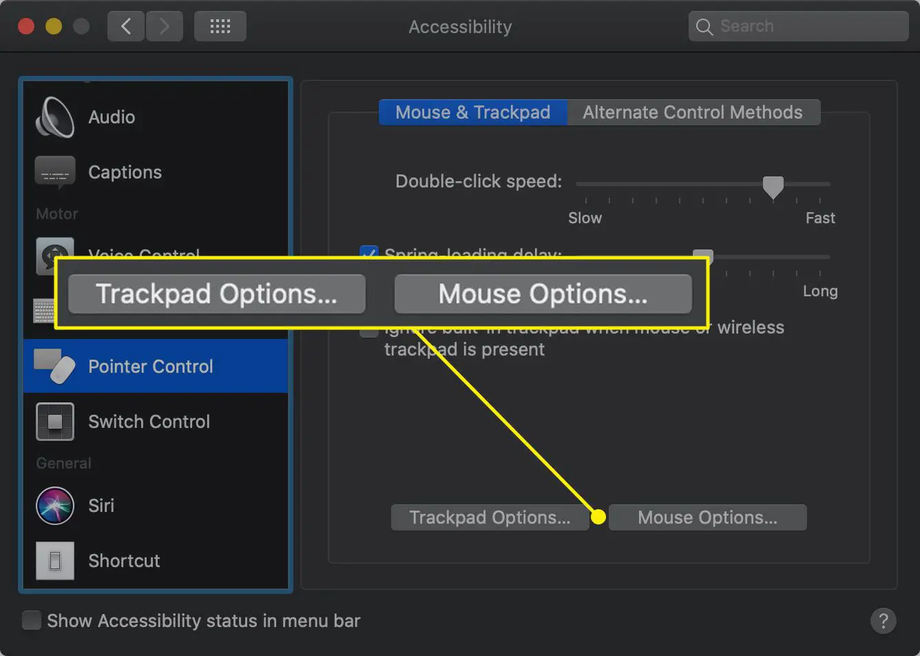 Os botões "Opções do Trackpad" e "Opções do Mouse"