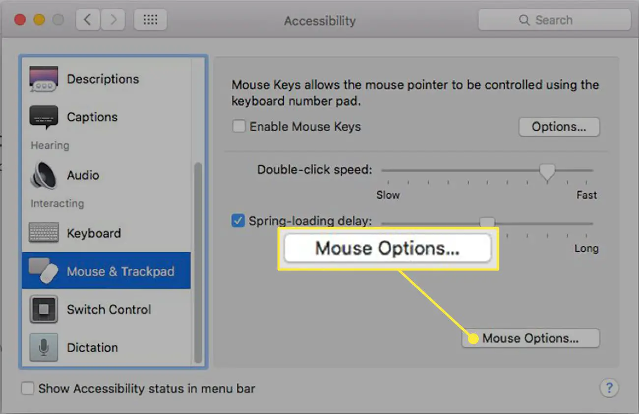 Opções de mouse
