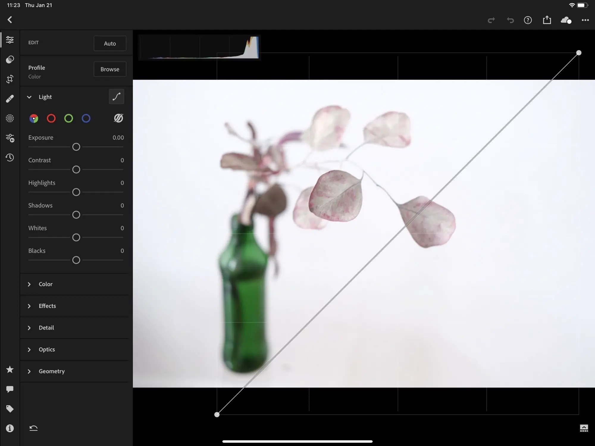 Uma fotografia de Charlie Sorrel sendo editada com a ferramenta de curvas no Adobe Lightroom em um iPad.