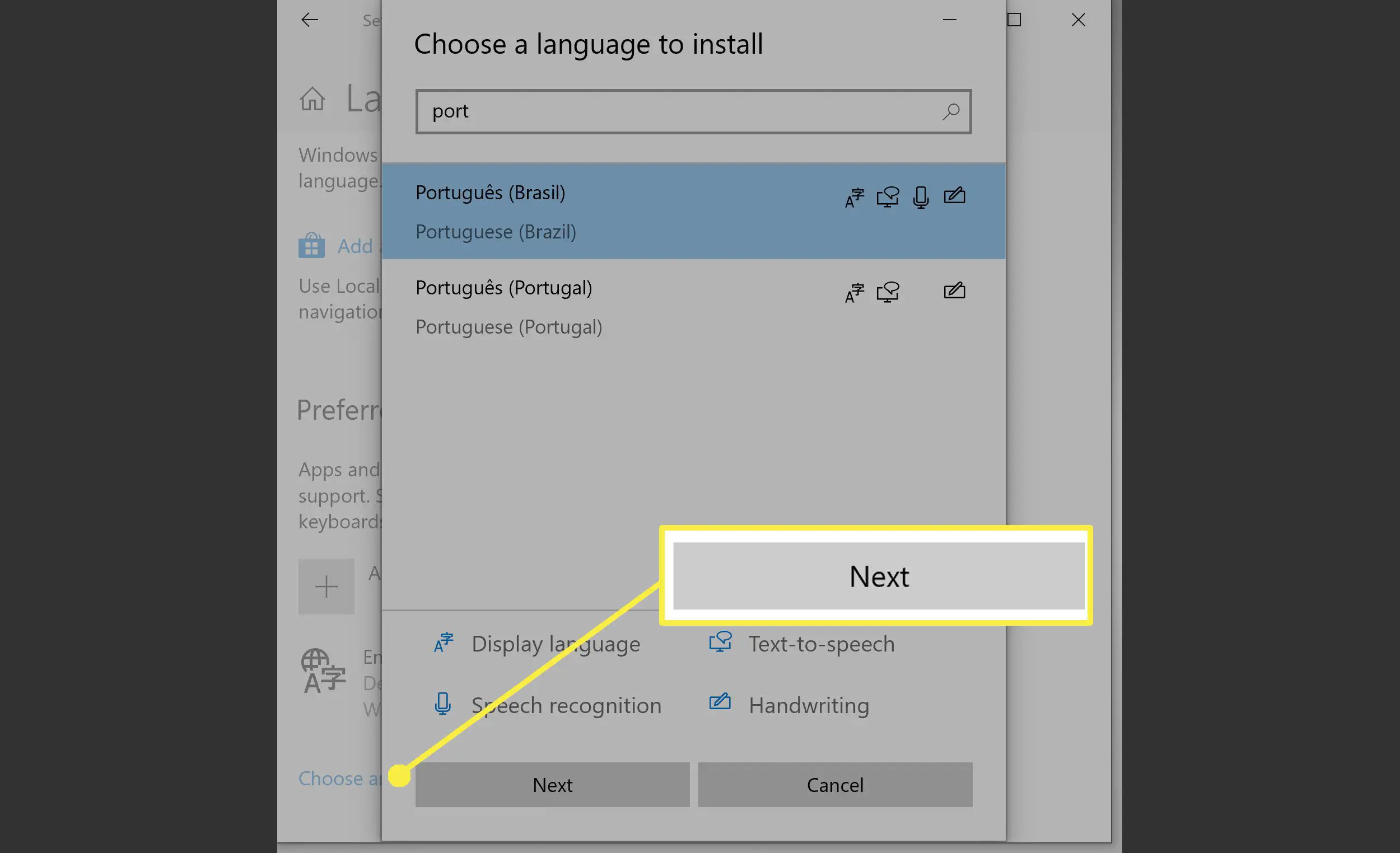 Instalando um idioma no Windows 10.