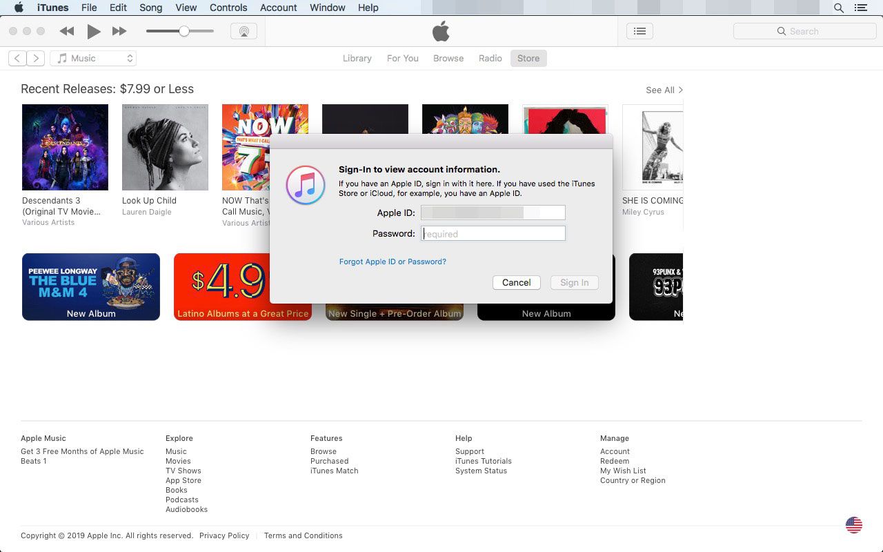 Tela de login no iTunes em um Mac