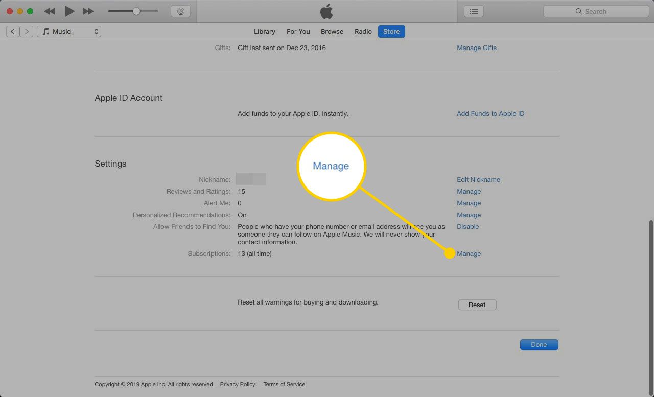 Página da conta no iTunes em um Mac com a opção Gerenciar assinaturas destacada