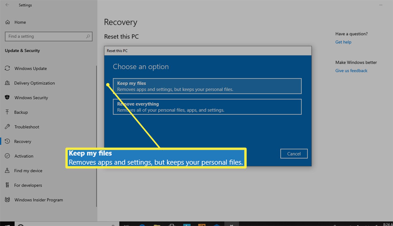 A opção Manter meus arquivos da caixa de diálogo Reiniciar este PC no Windows