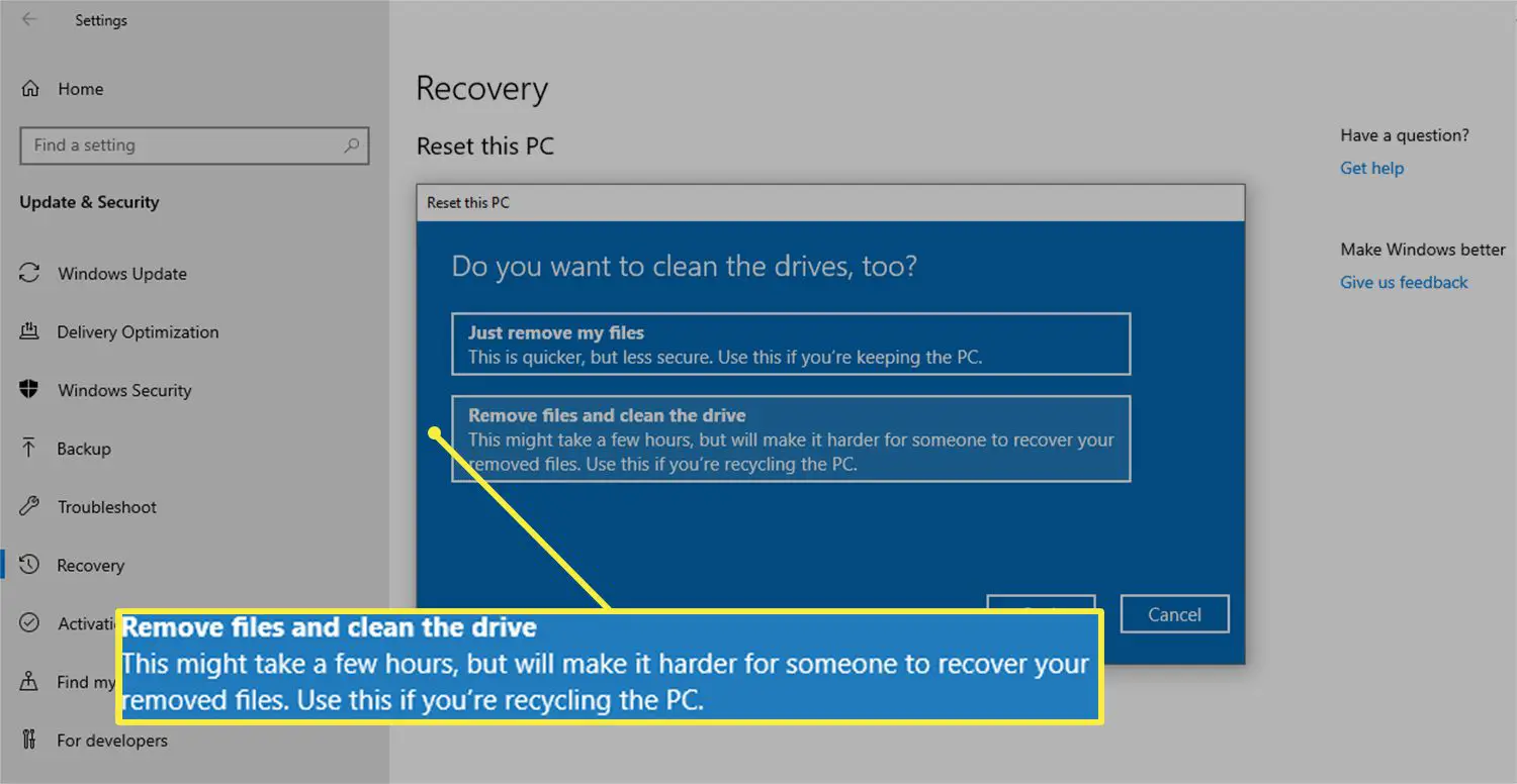 Remova os arquivos e limpe a opção da unidade na caixa de diálogo Redefinir este PC no Windows 10