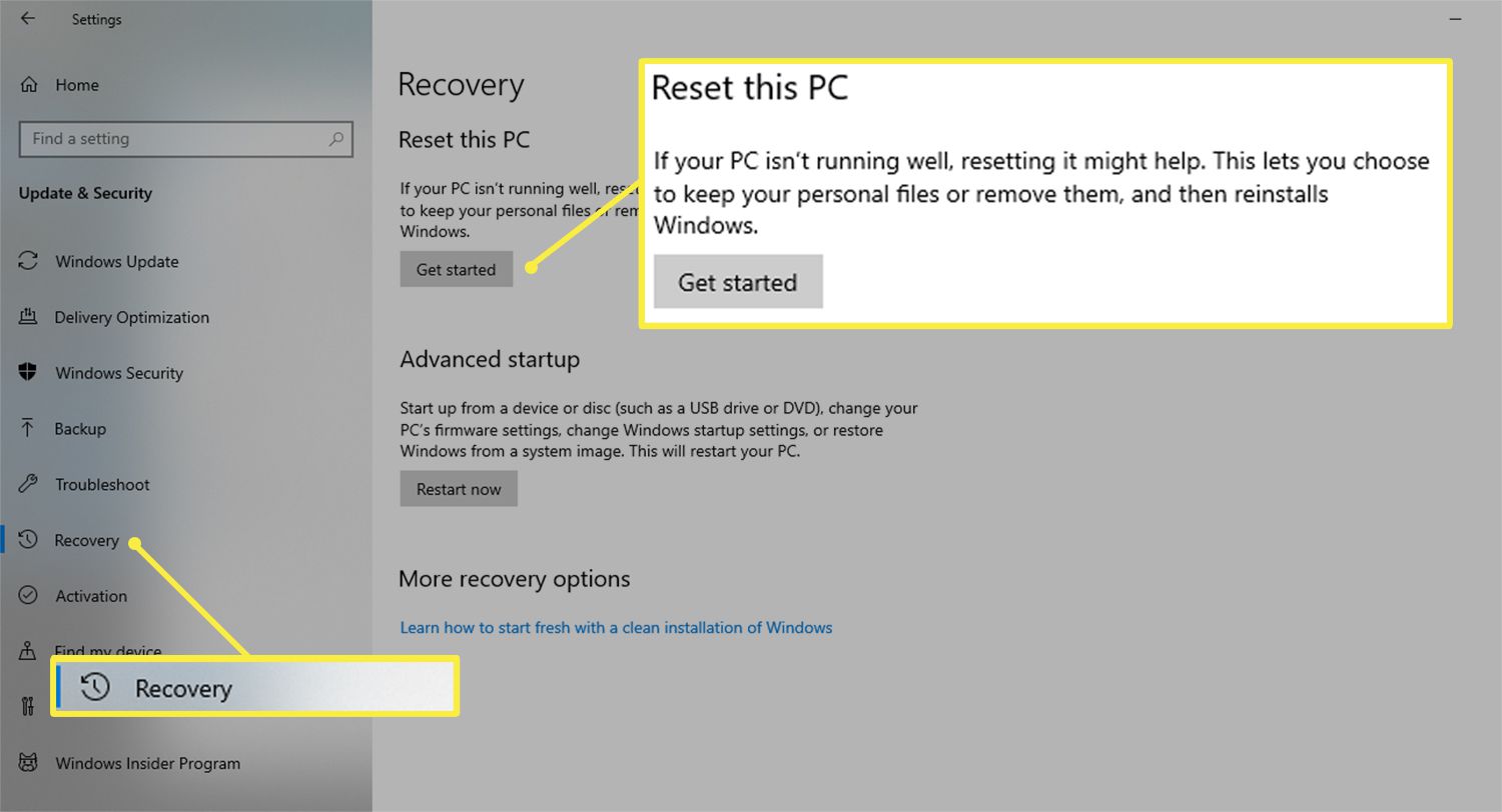 Botão Iniciar na seção Reiniciar este PC do menu Configurações do Windows 10