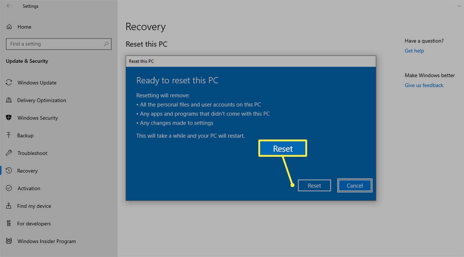 Botão de redefinição para redefinir os padrões de fábrica de um PC executando Windows 10