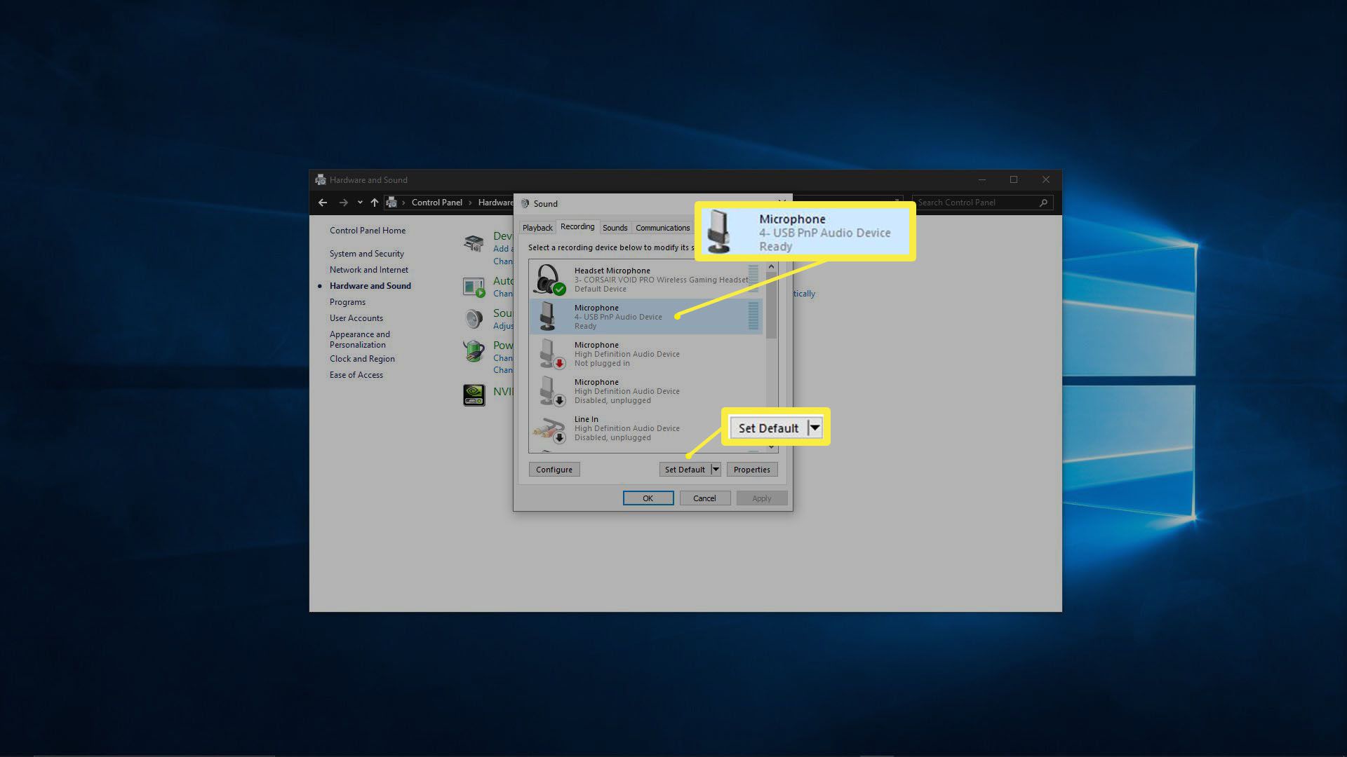 Uma captura de tela mostrando o microfone padrão do Windows.