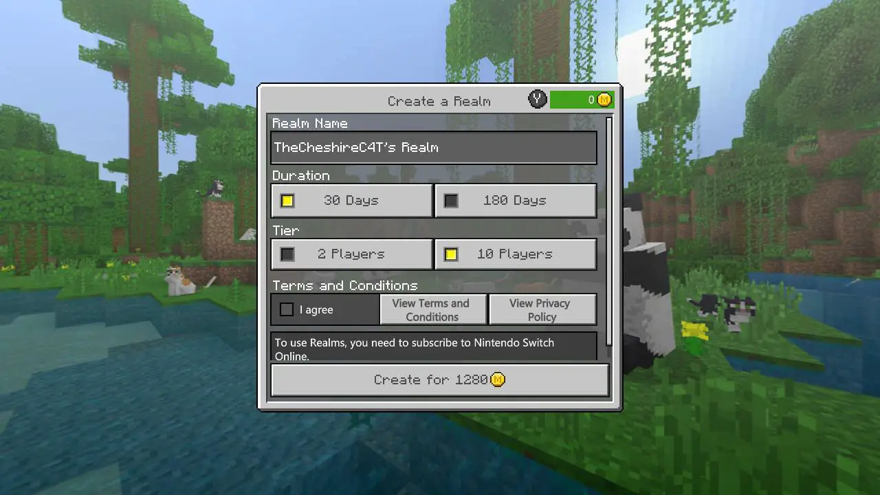 Captura de tela de criação do Minecraft Realm, para jogos multijogador