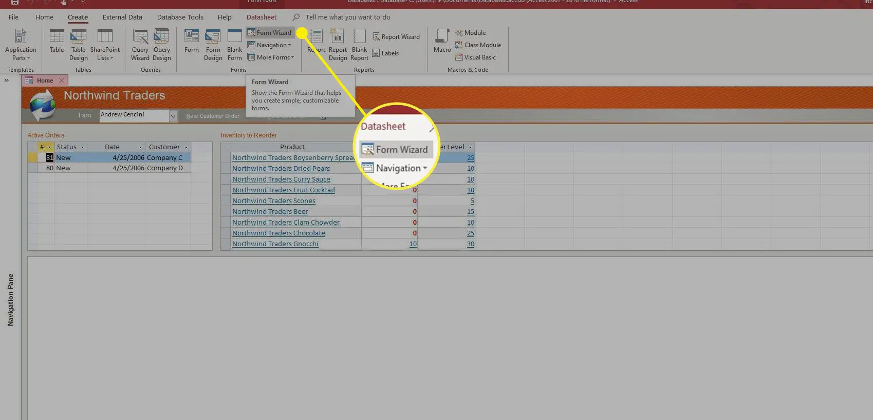 Captura de tela do Assistente de formulário na guia Criar no Access