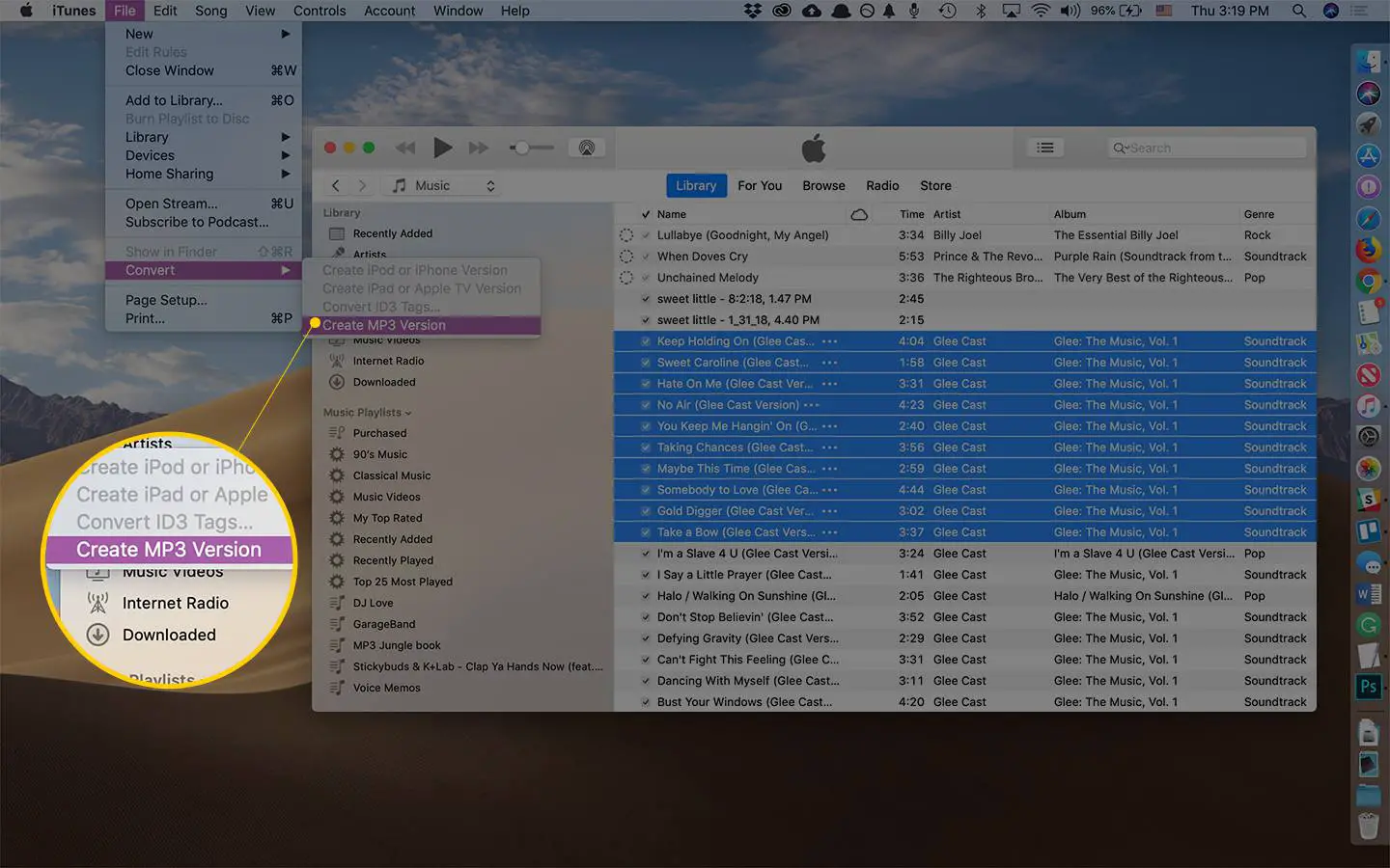 Crie o item de menu da versão MP3 no menu Arquivo do iTunes no macOS