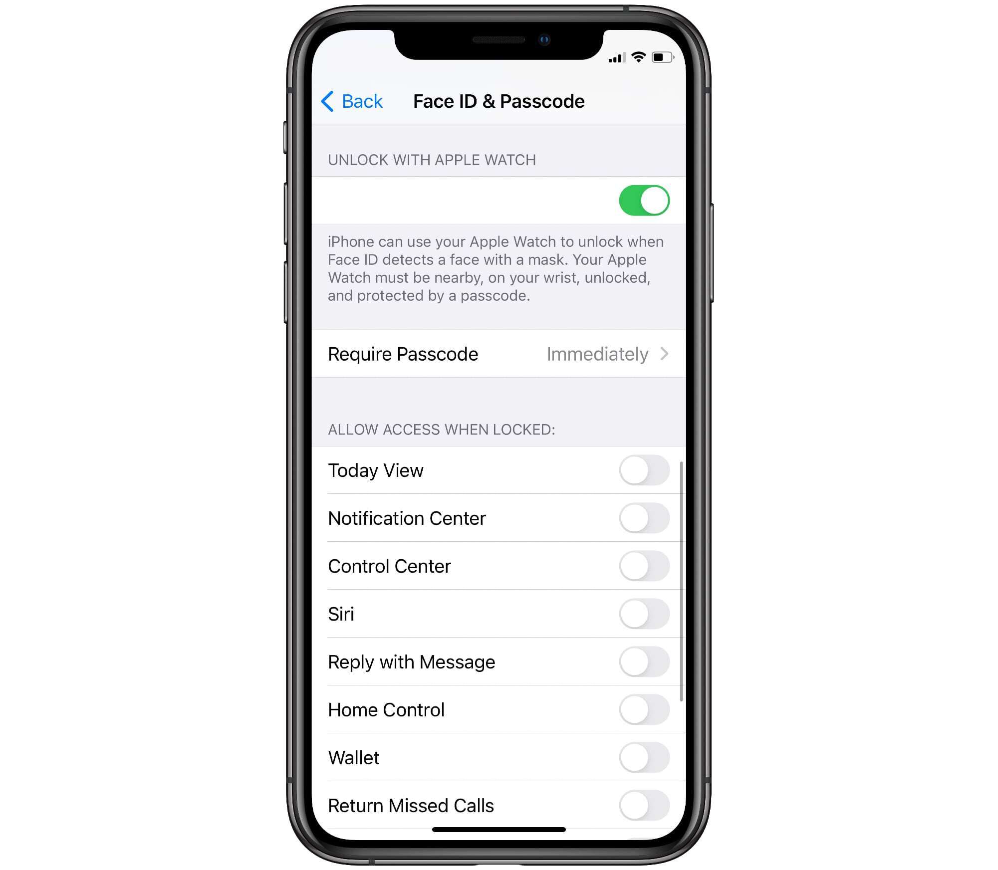 iPhone mostrando o recurso "Desbloquear com Apple Watch" e outras configurações