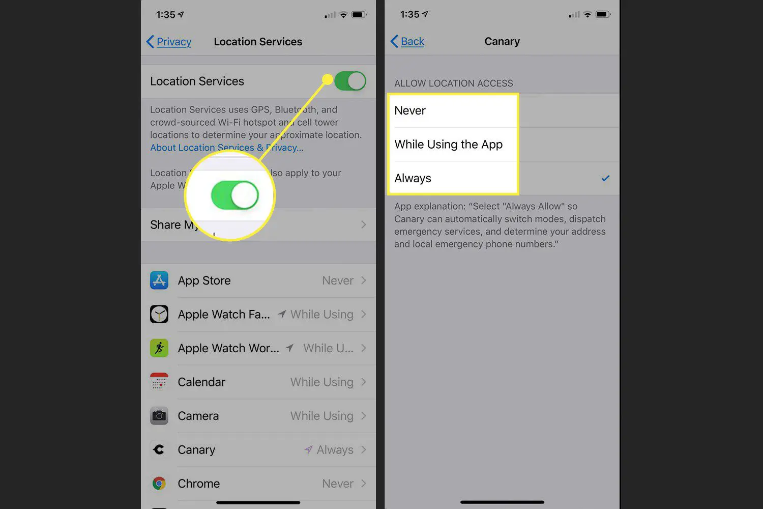 As configurações dos serviços de localização do iPhone