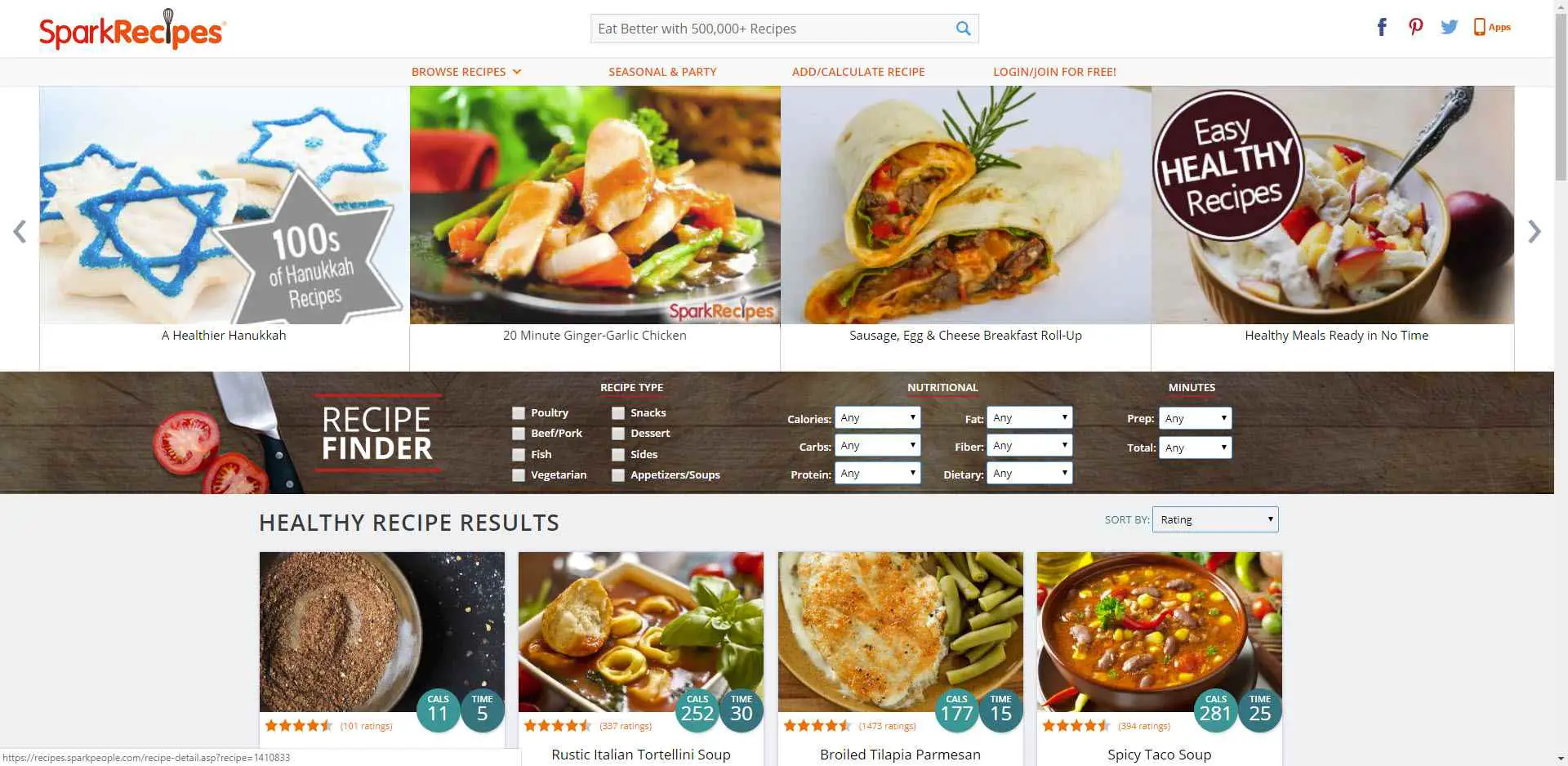 Uma captura de tela do site do aplicativo Spark Recipes.