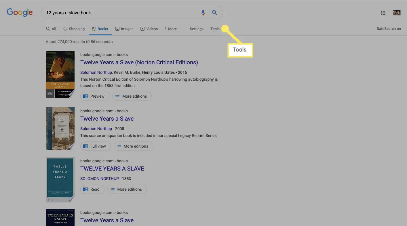Ferramentas destacadas na página de resultados de pesquisa do Google Livros