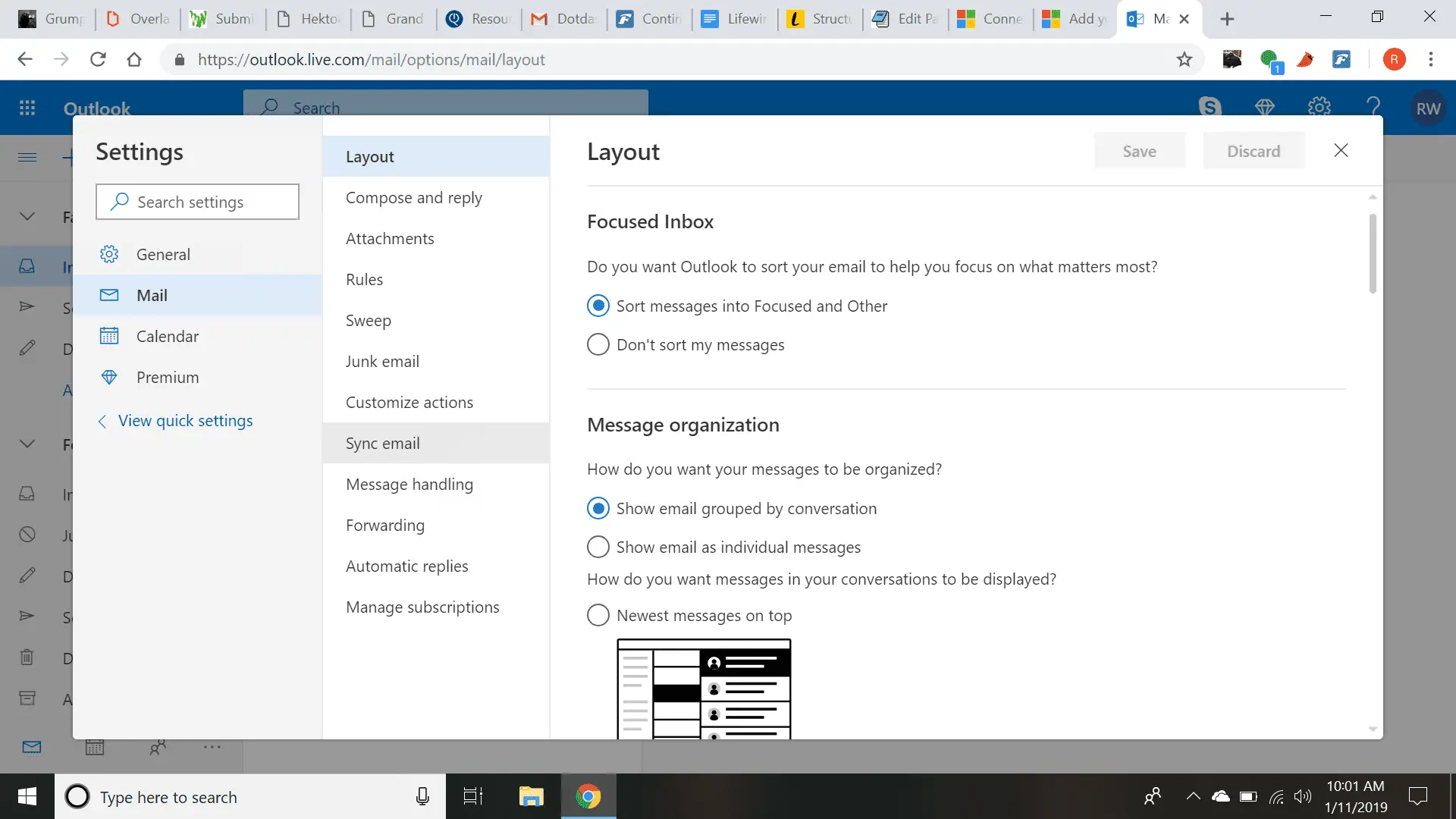captura de tela do menu de configurações do Outlook sob o layout