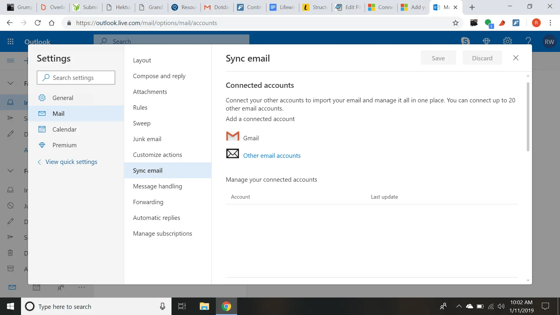 captura de tela do menu de configurações do Outlook com a sincronização de e-mail selecionada