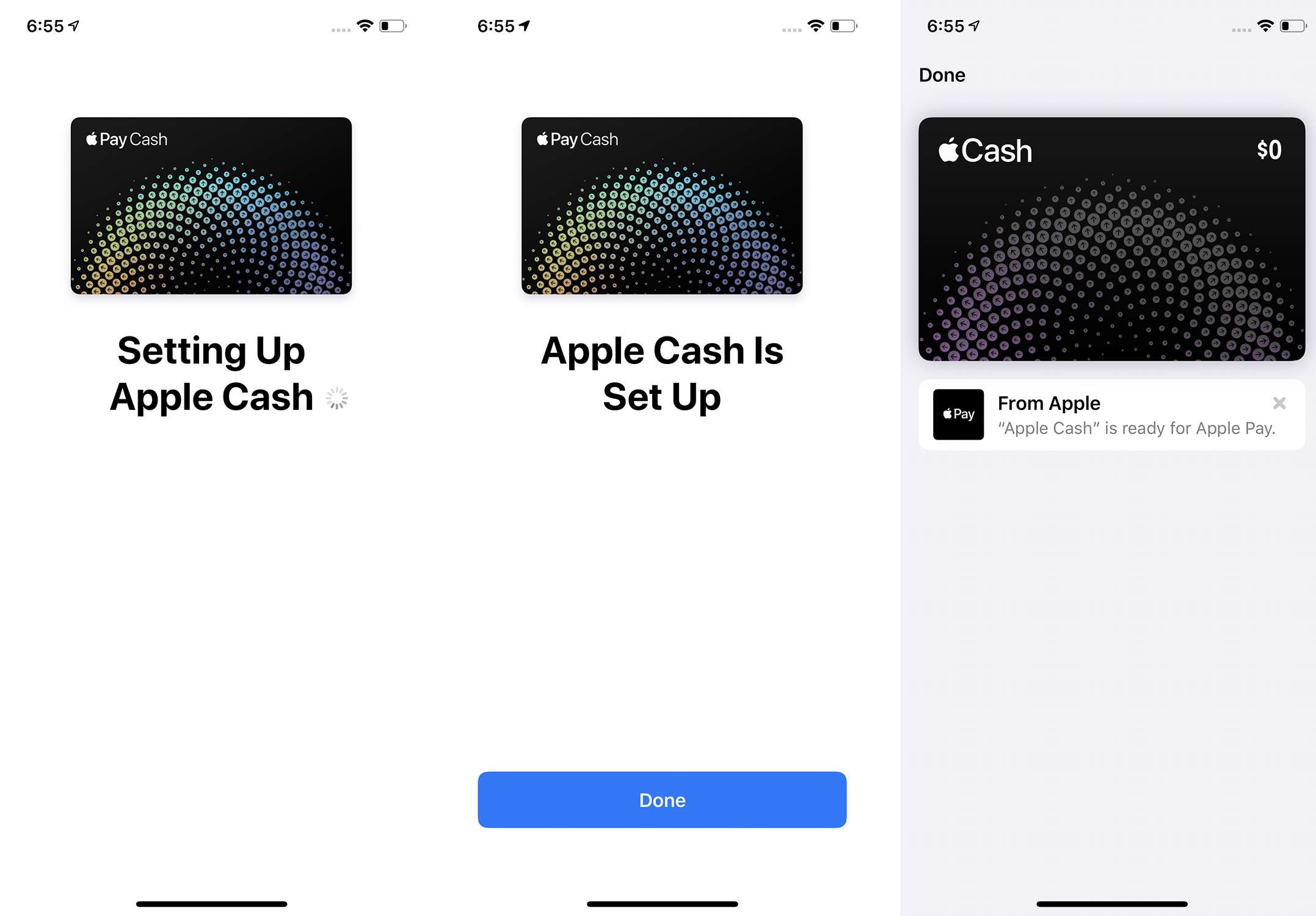 Capturas de tela das últimas 3 etapas de configuração do Apple Pay Cash