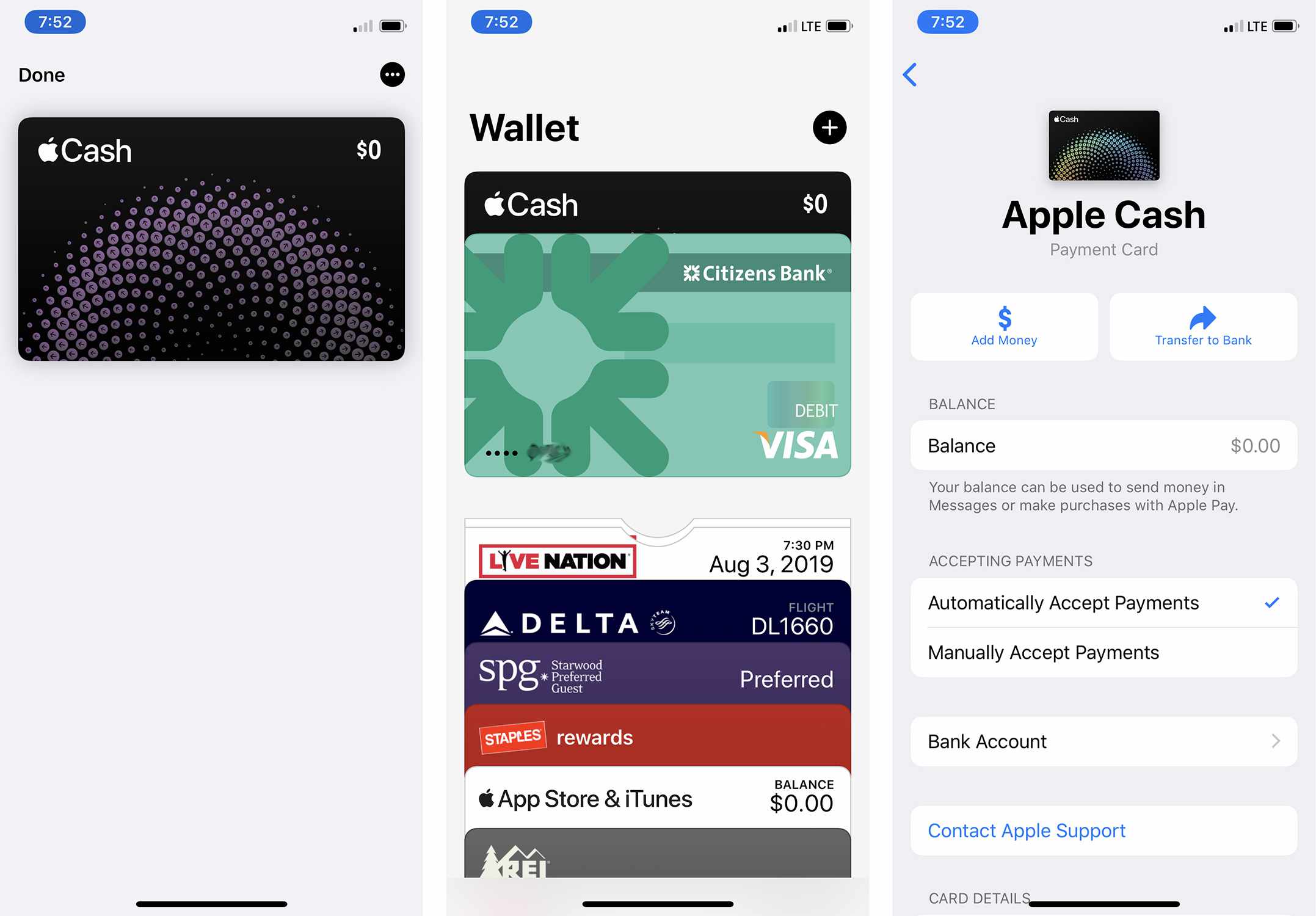 Capturas de tela das configurações de transação do Apple Pay Cash