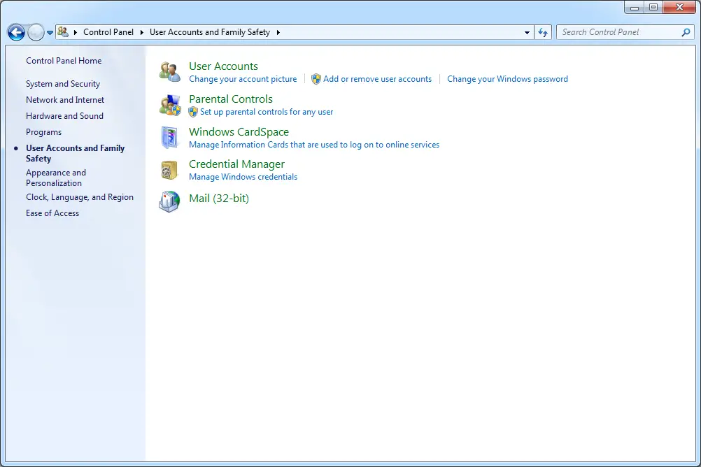 Tela de contas de usuário e segurança familiar no Windows 7