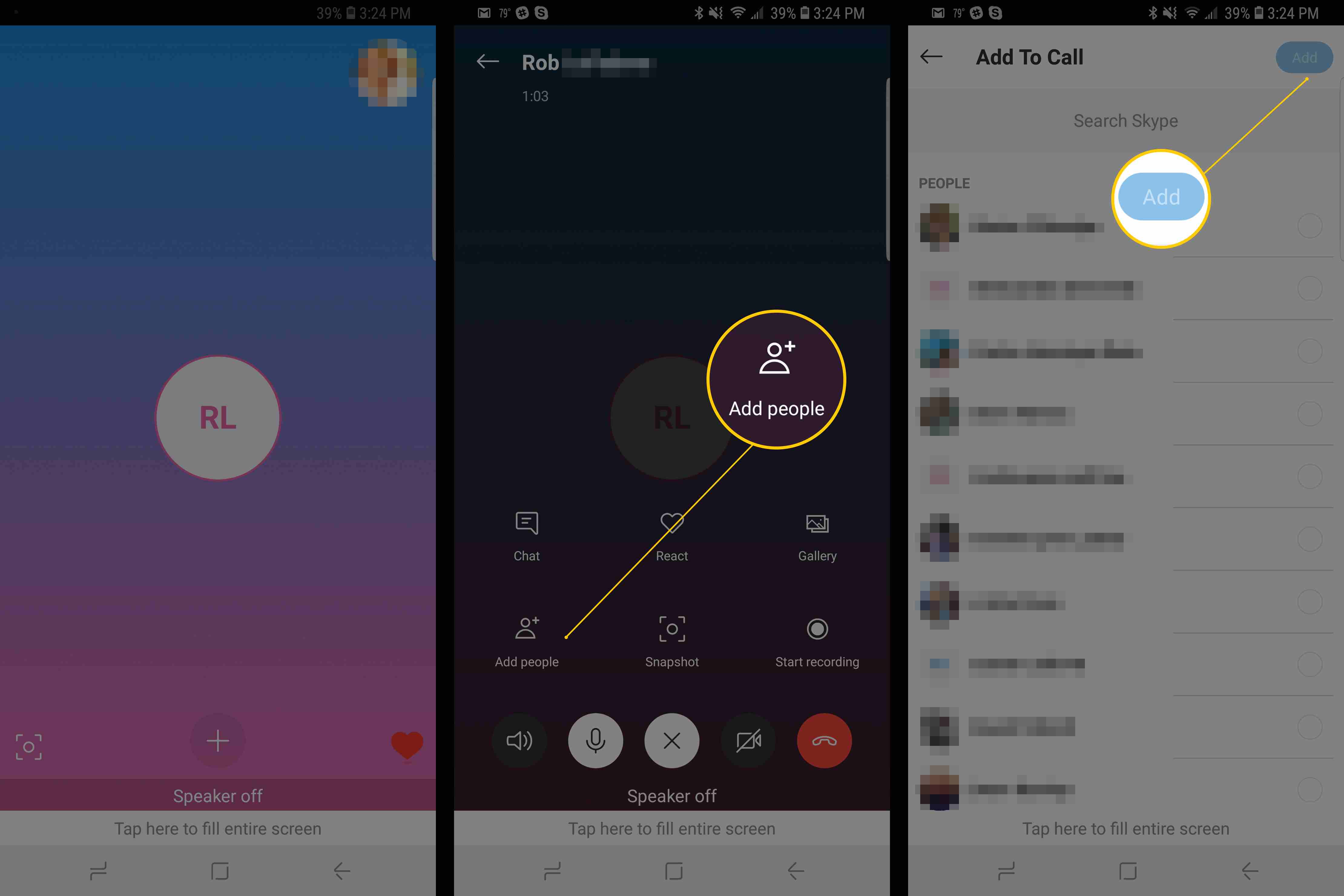 Três telas do Android mostrando os botões de chamada do Skype e Adicionar pessoas