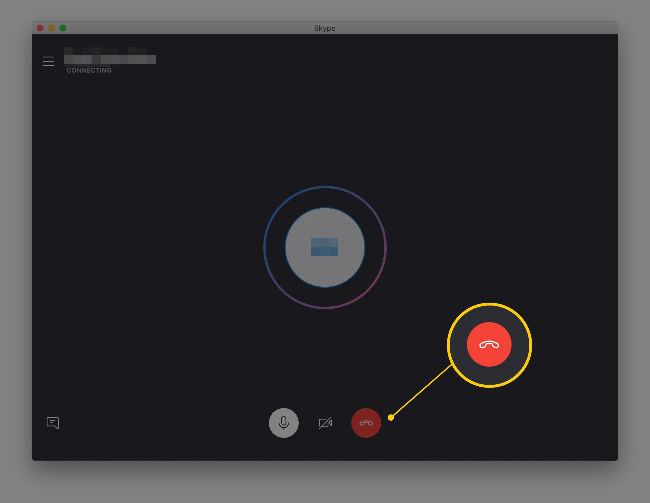 Botão vermelho para desligar o telefone no Skype para macOS