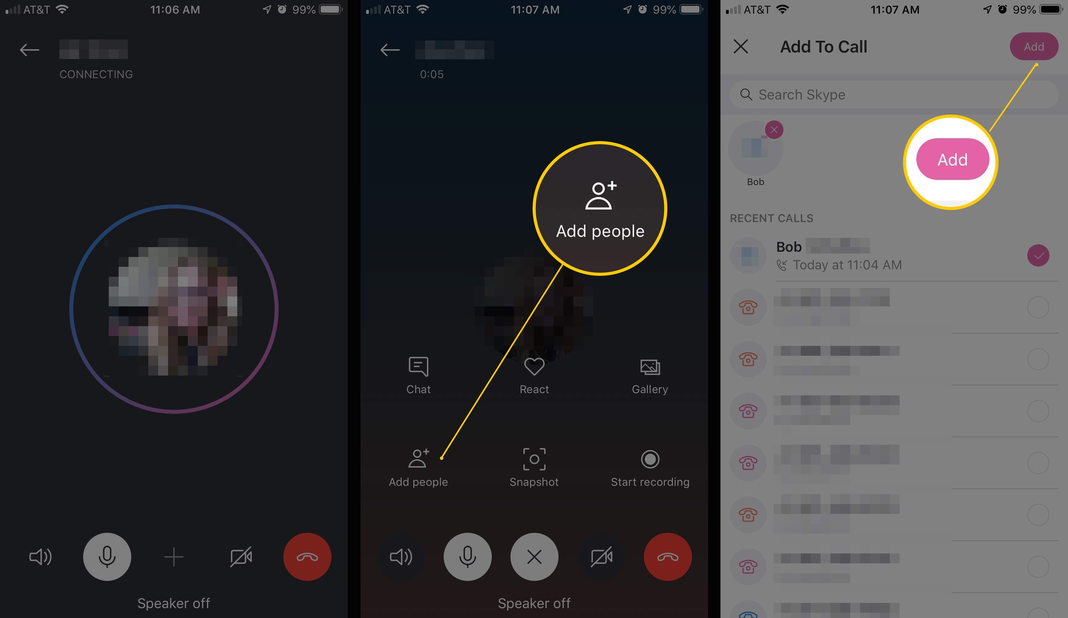 Três telas iOS do aplicativo Skype exibindo os botões Adicionar pessoas e Adicionar