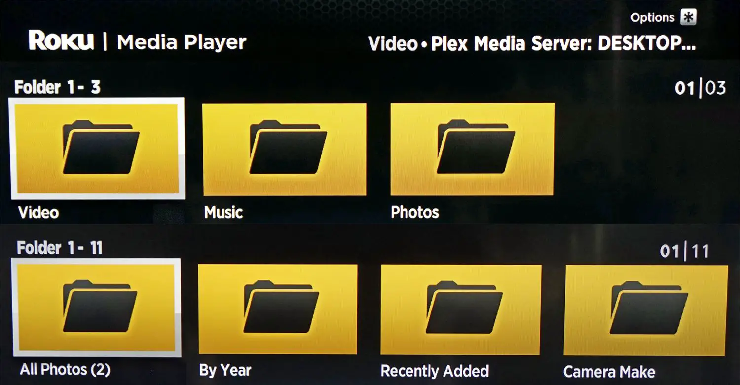 Pastas do servidor de mídia conforme exibidas no aplicativo Roku Media Player