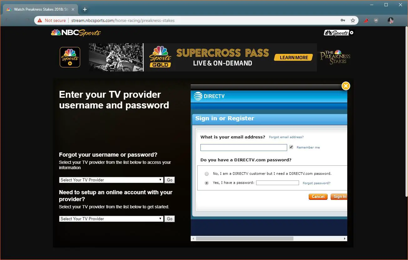 Uma captura de tela de uma página de login da NBC Sports TV.