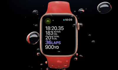 Apple Watch Series 6 mostrando várias estatísticas de natação, como tempo total e distância