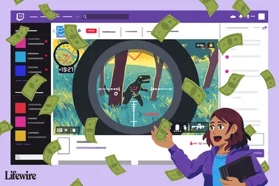 Ilustração de uma pessoa segurando um console de jogos em frente a uma enorme tela do Twitch com dinheiro flutuando no ar