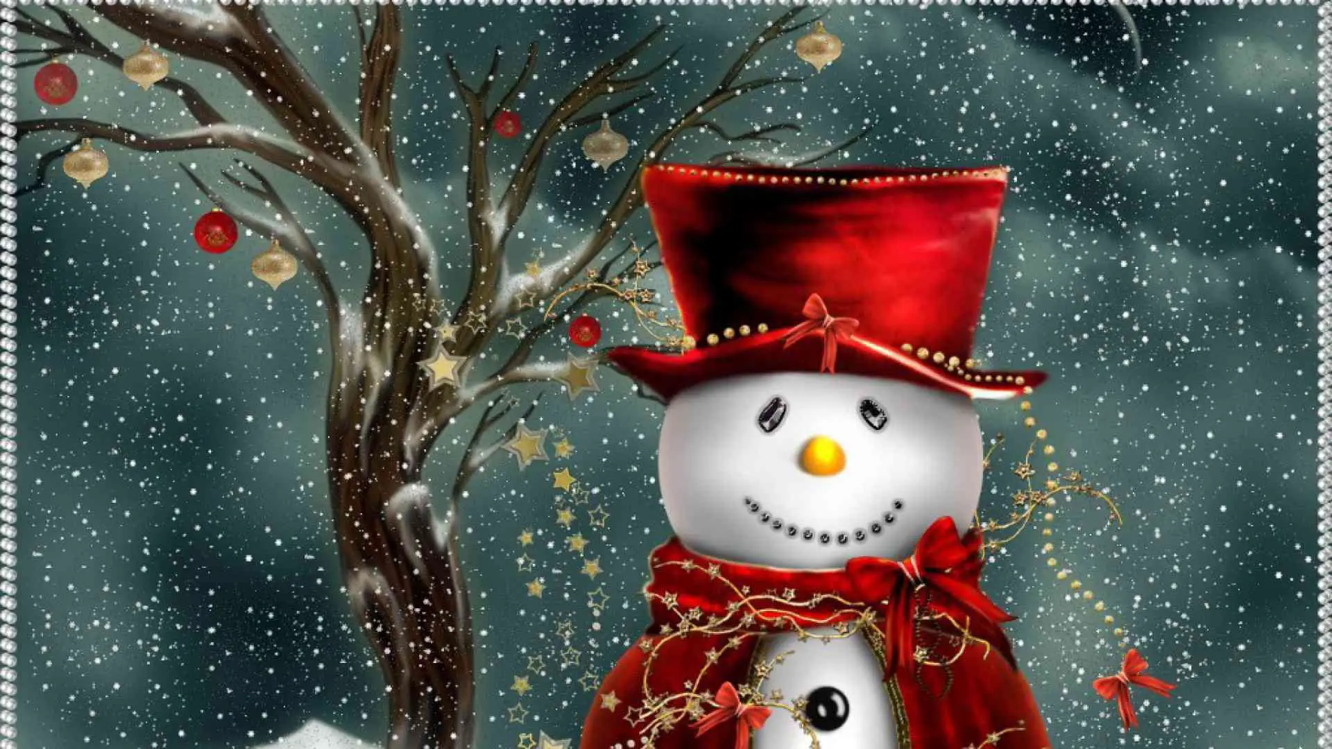 Papel de parede de Natal grátis com um boneco de neve vestindo uma capa e um chapéu vermelhos contra um fundo de neve e uma árvore