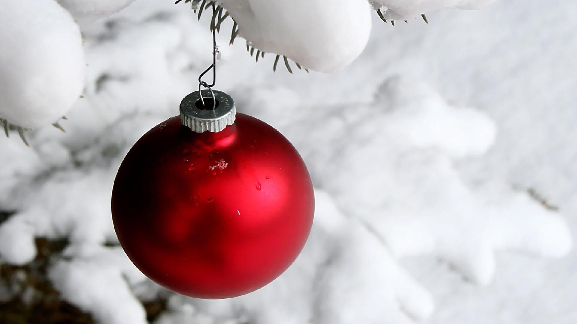 Papel de parede de Natal grátis com uma lâmpada vermelha pendurada em uma árvore com neve
