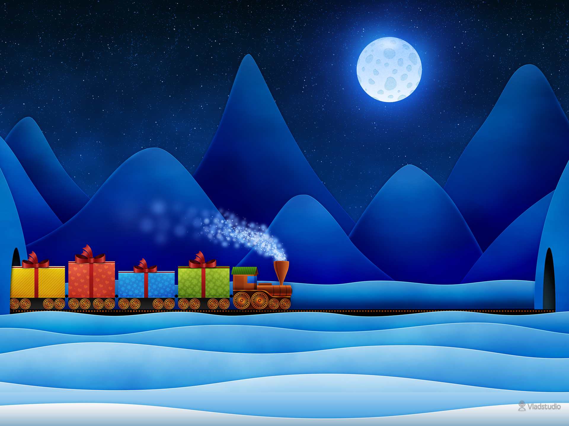 Papel de parede de Natal grátis com a ilustração de um trem carregando presentes