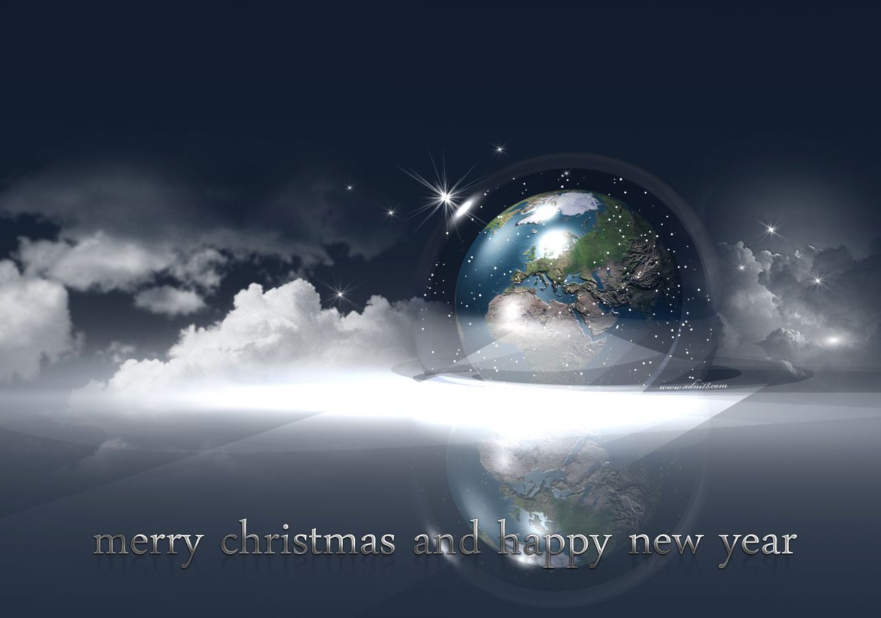 Papel de parede de Natal grátis com a Terra em uma lâmpada transparente cercada por nuvens, junto com uma mensagem de Feliz Natal e Feliz Ano Novo