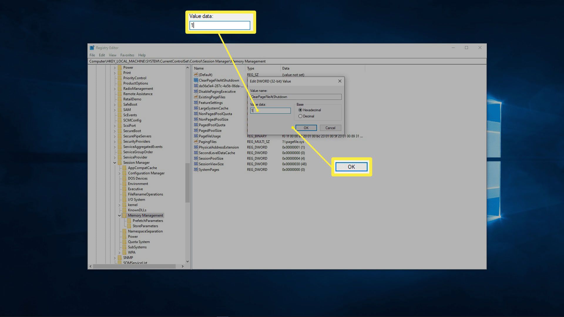 Uma captura de tela do editor de registro mostrando como limpar o arquivo de paginação.