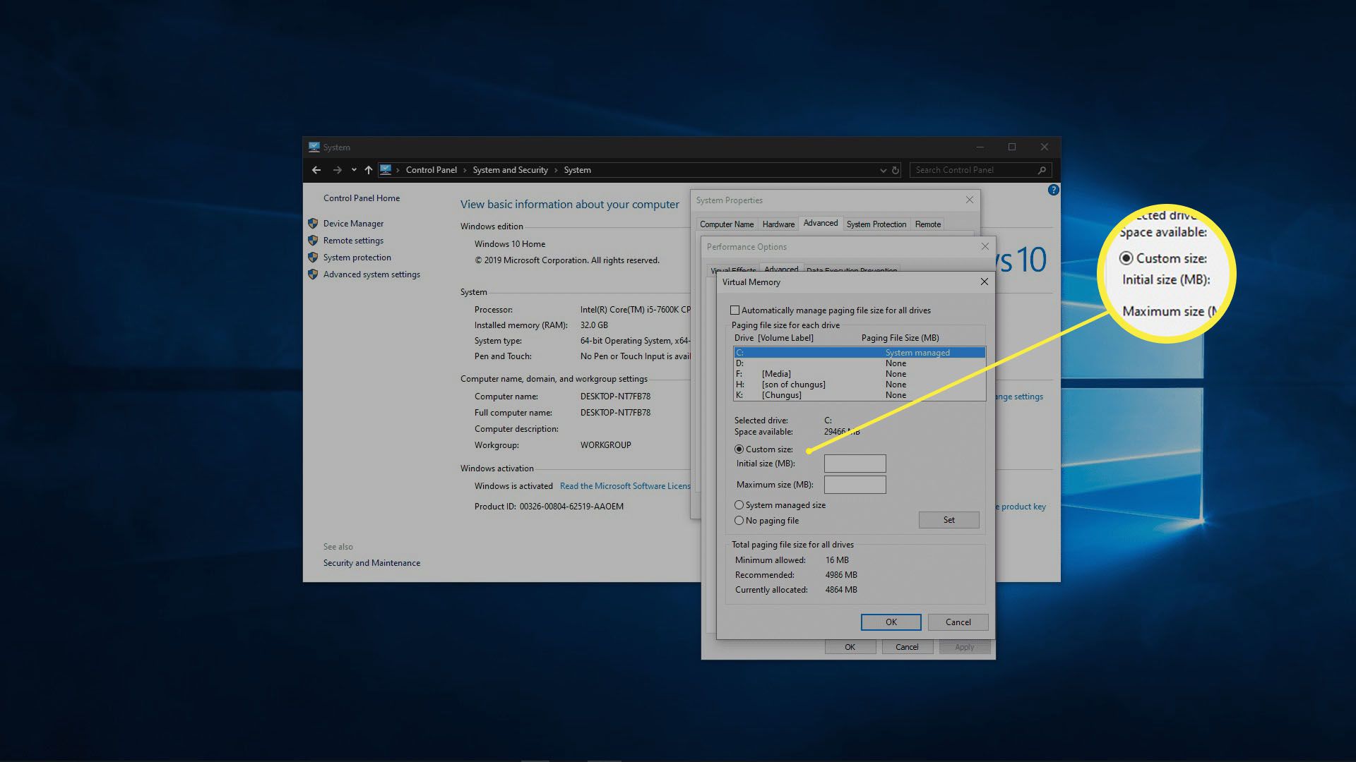 Uma captura de tela do ajuste da memória virtual no Windows 10.