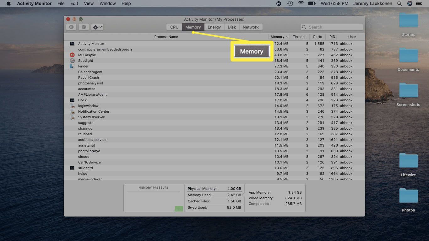 Uma captura de tela do Activity Monitor mostrando o uso de memória.