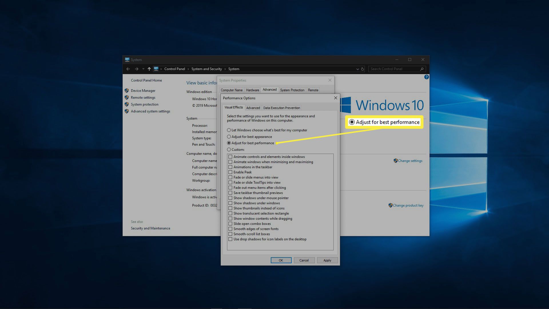 Uma captura de tela da desativação dos efeitos visuais no Windows 10.