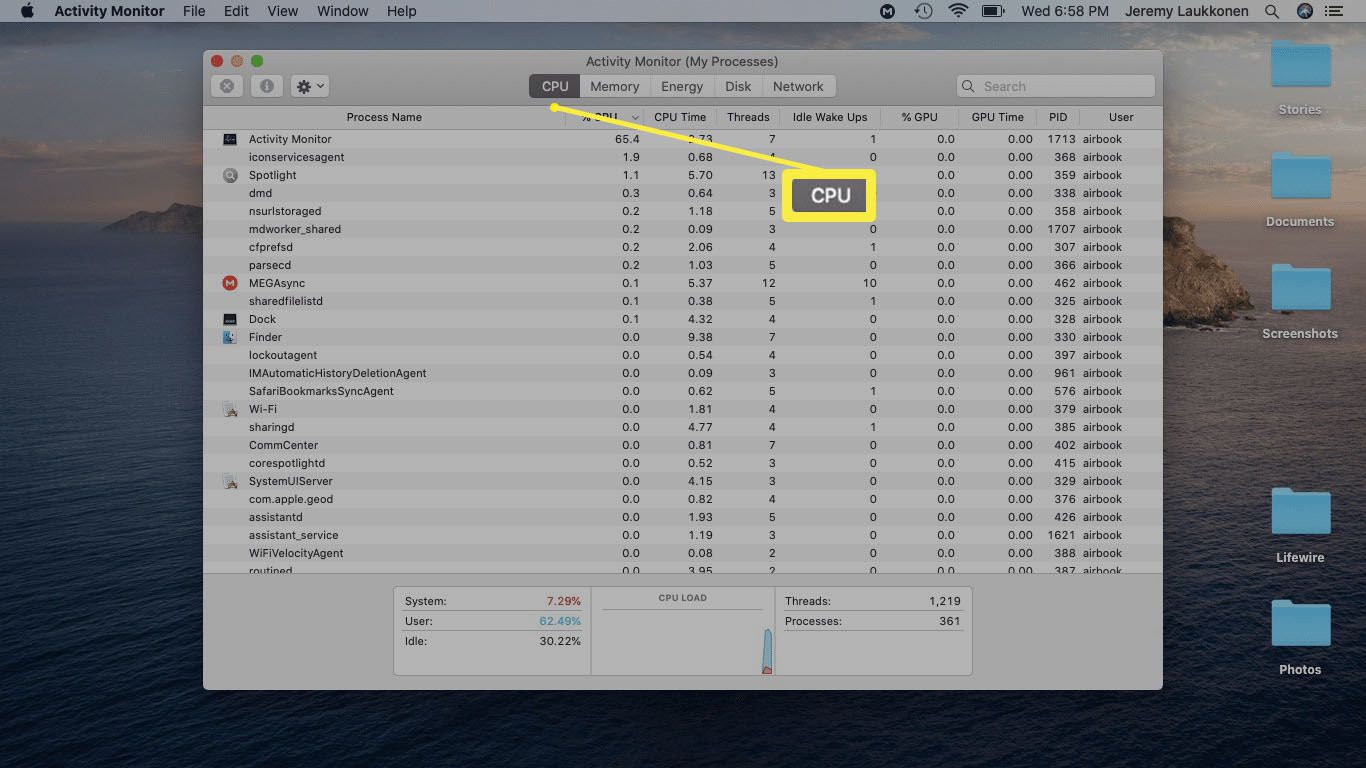 Uma captura de tela do Activity Monitor mostrando o uso da CPU.