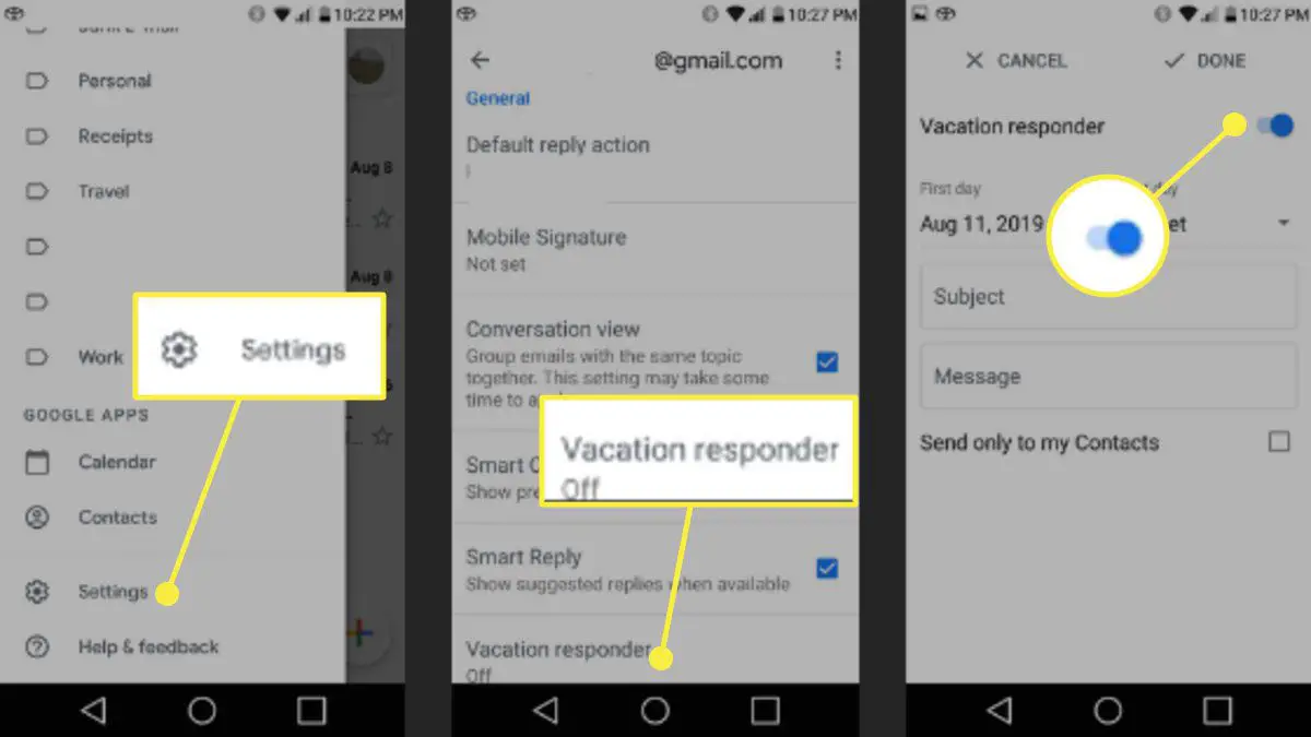 Capturas de tela do aplicativo Gmail mostrando como ativar a resposta automática de férias