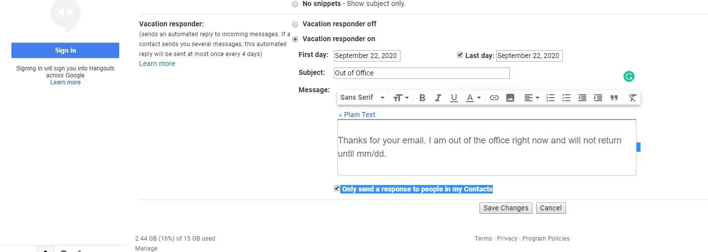 Apenas enviar uma resposta para as pessoas em minha seleção de contatos nas configurações do Gmail