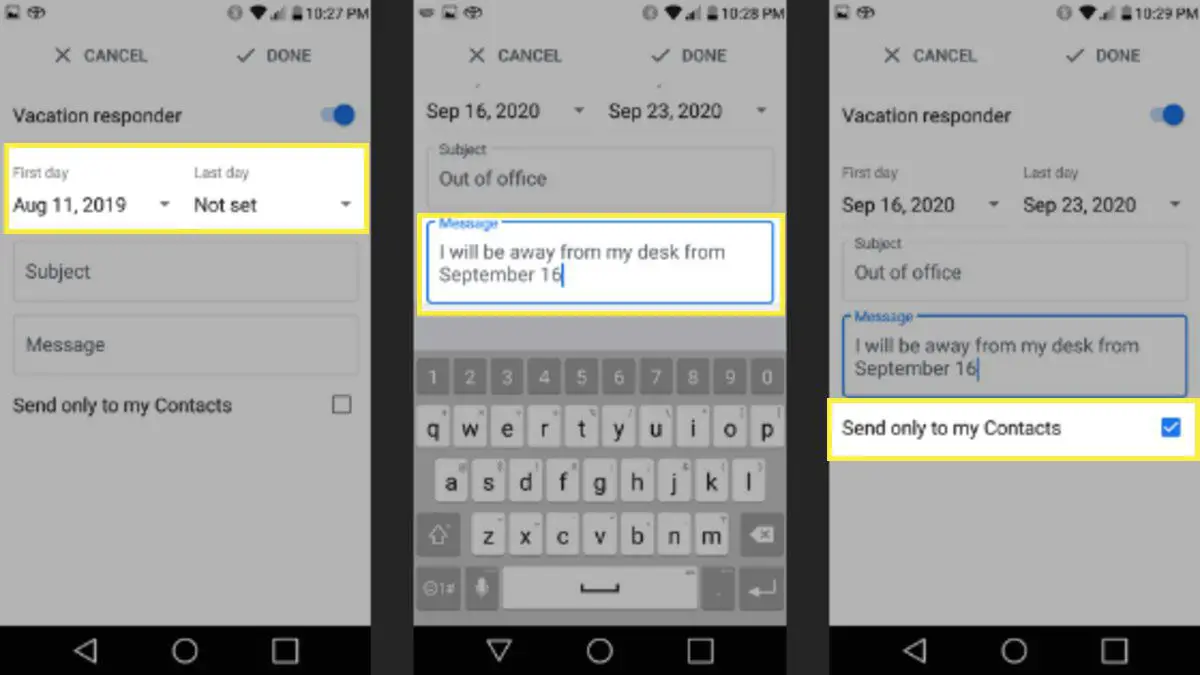 Capturas de tela do aplicativo Gmail mostrando como configurar uma resposta de férias