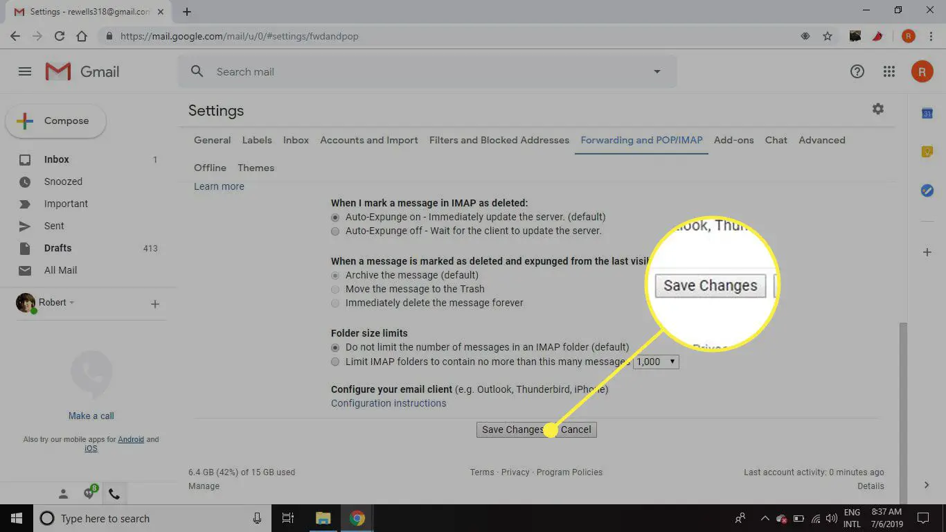 Uma captura de tela das configurações do Gmail com o botão Salvar alterações destacado