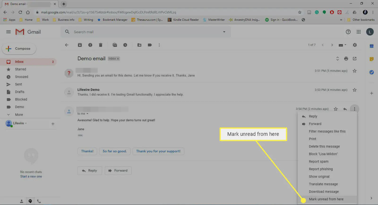 Uma captura de tela do Gmail com o comando "Marcar como não lido daqui" em destaque