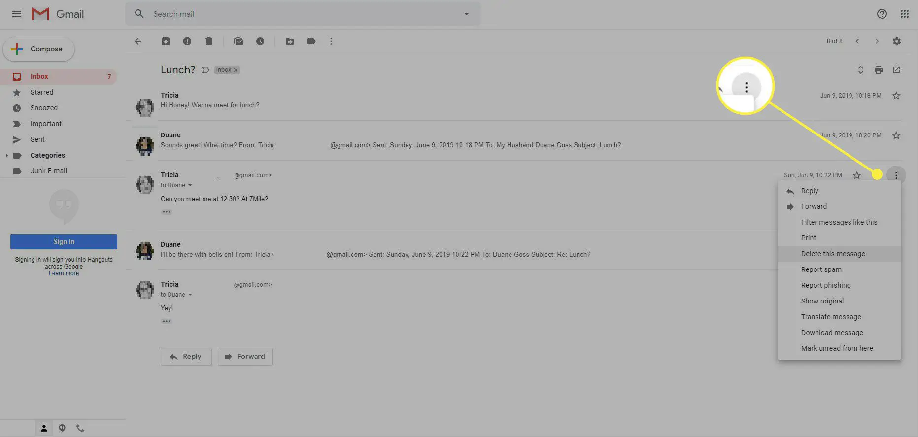 Uma captura de tela do Gmail com o botão do menu Mais opções destacado
