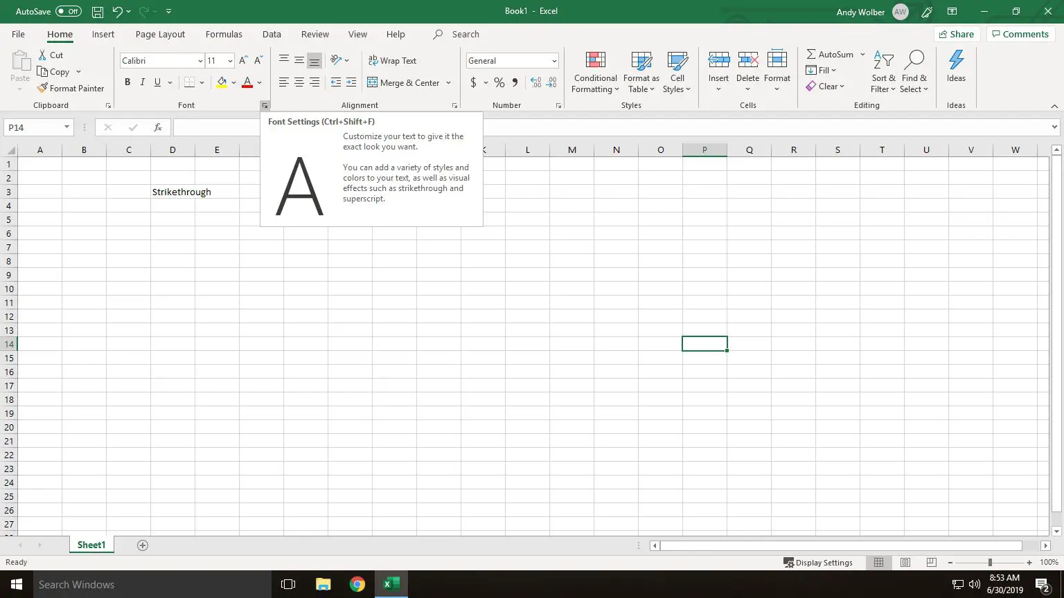 Captura de tela do cursor posicionado sobre a opção de seleção pop-out das Configurações de fonte.  Selecione isto para acessar as opções de fonte no Excel desktop