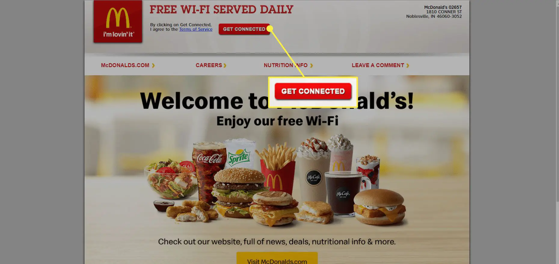 O "Conecte-se" botão na página inicial do Wi-Fi do McDonald's