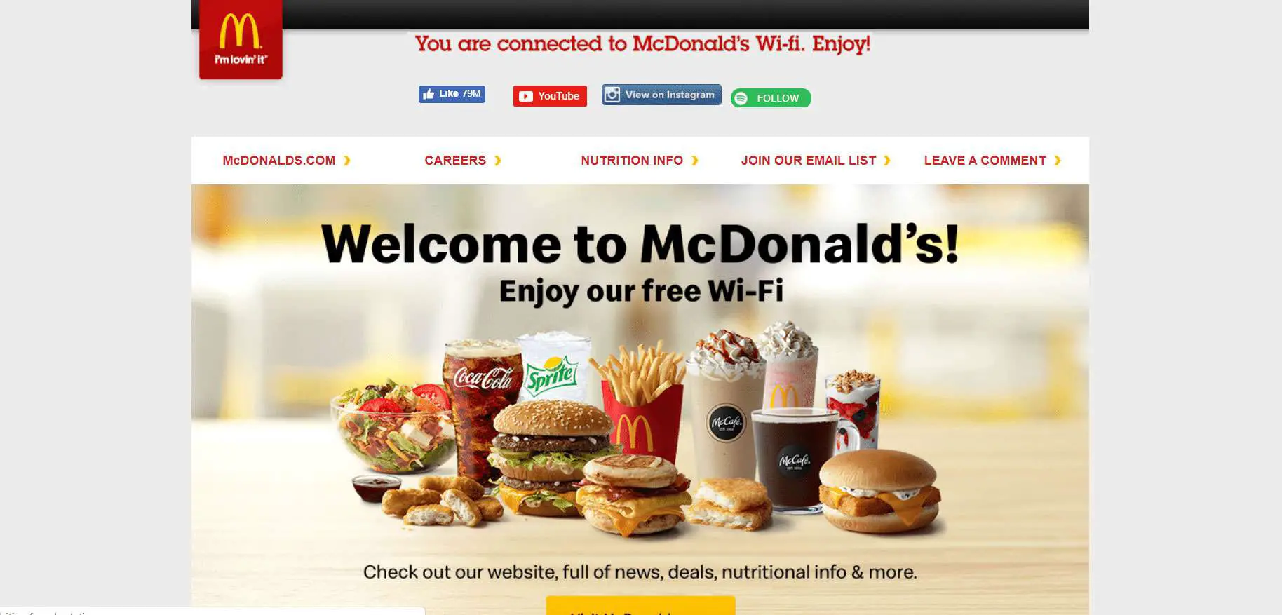 A página de boas-vindas do Wi-Fi do McDonald's