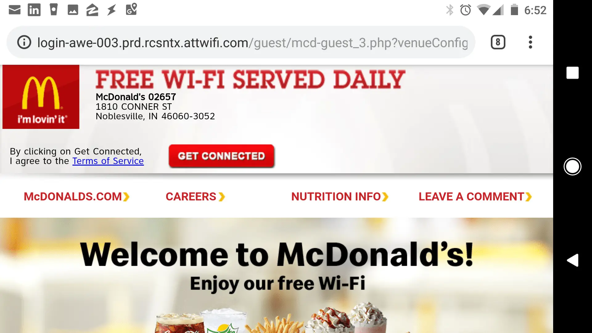 Página de conexão Wi-Fi móvel do McDonald's