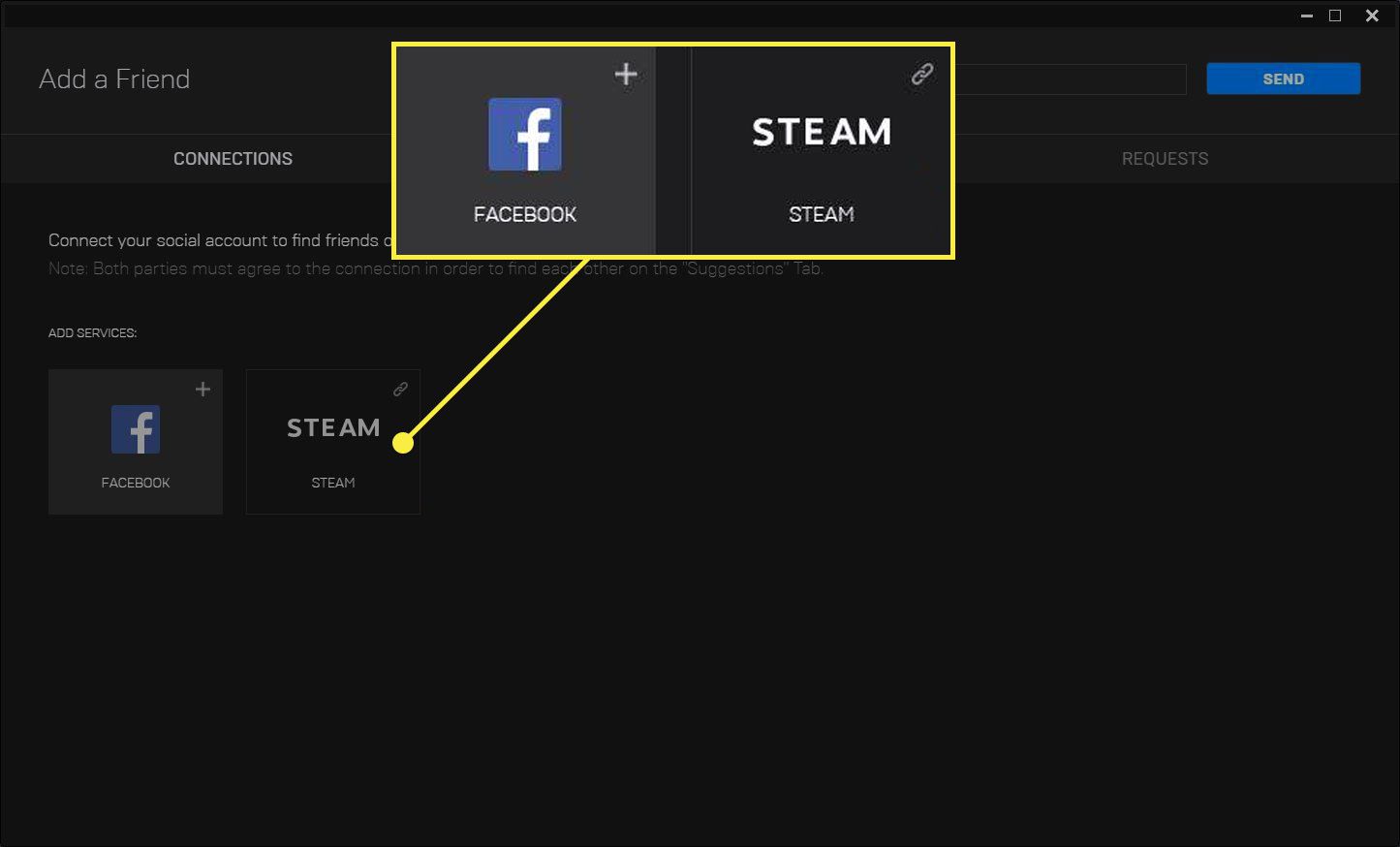 As opções do Facebook e Steam em "Adicionar serviços"